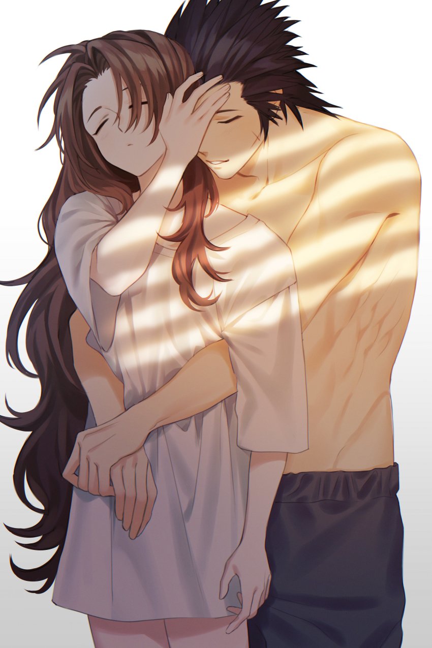 1boy, 1girl, absurdres, aerith_gainsborough, arms_around_another's_waist, blue_pants, closed_eyes, couple