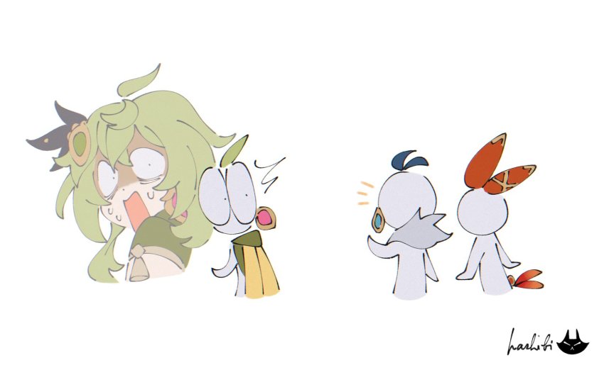 1boy, 2girls, amber_(genshin_impact), black_ribbon, capelet, collei_(genshin_impact), earrings, embarrased