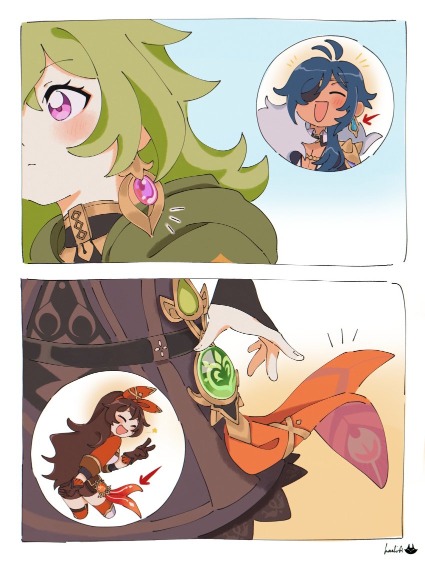 1boy, 2girls, amber_(genshin_impact), artist_name, belt, black_belt, black_dress, black_jacket, blue_hair, brown_gloves, brown_shorts, collei_(genshin_impact), commentary, dress, earrings, english_commentary, eyepatch, fur-trimmed_jacket, fur_trim, genshin_impact, gloves, green_hair, hashibi_(noyasakihashibi), highres, hood, hood_down, jacket, jewelry, kaeya_(genshin_impact), leaning_forward, long_hair, multiple_girls, one_eye_covered, orange_ribbon, purple_eyes, red_jacket, red_thighhighs, ribbon, shirt, shorts, smile, thighhighs, v, very_long_hair, vision_(genshin_impact), white_shirt