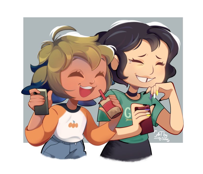 1girl, 1other, artist_name, black_hair, closed_eyes, cup, green_shirt, grey_background