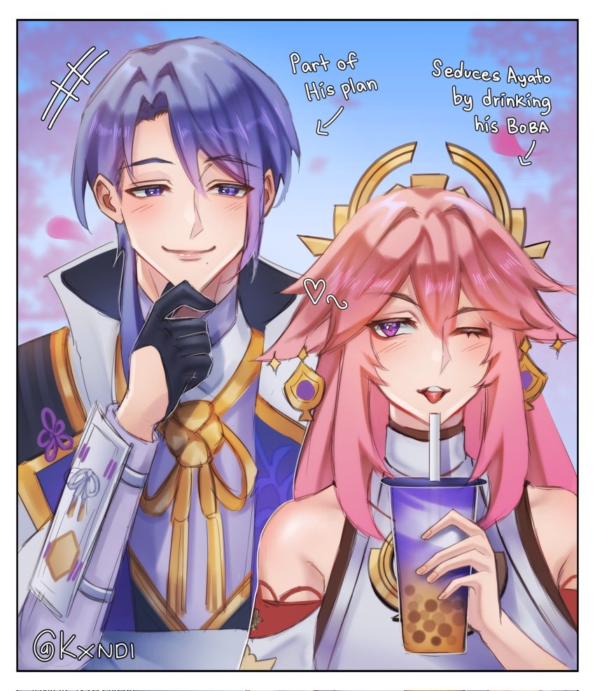 1boy, 1girl, animal_ears, black_gloves, blush, border, bubble_tea, commentary