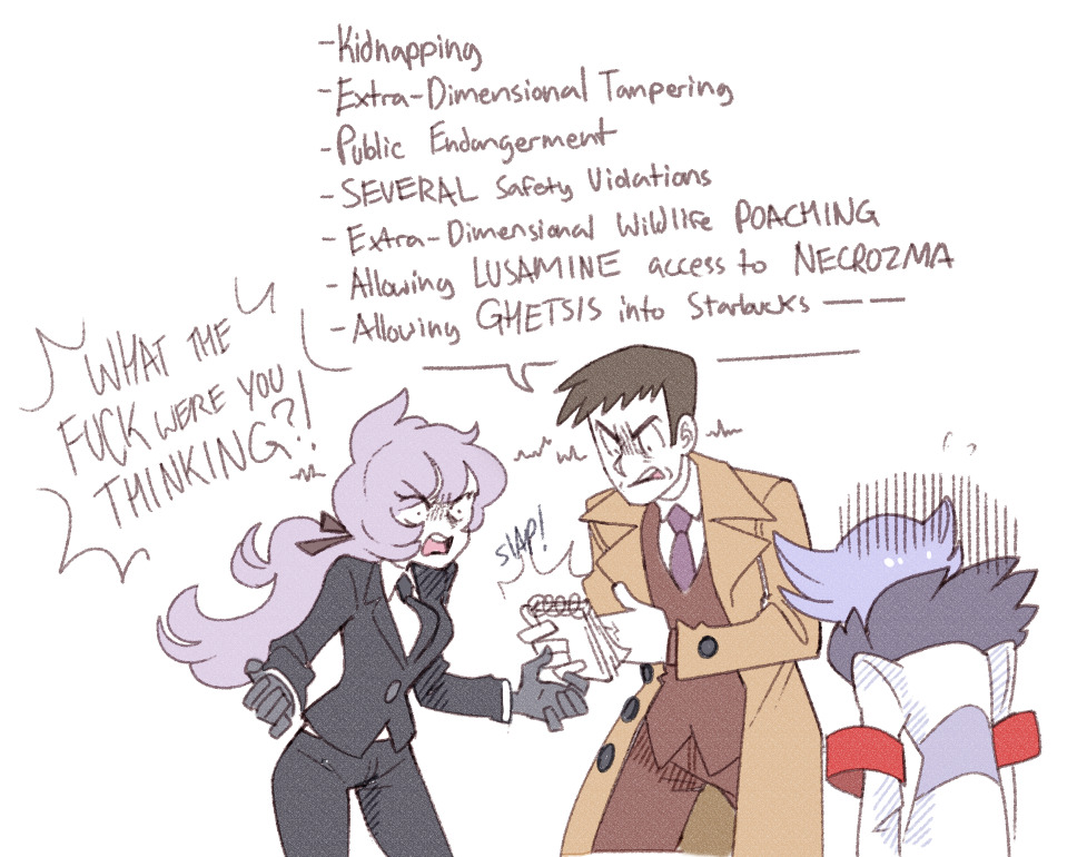 1girl, 2boys, anabel_(pokemon), angry, black_gloves, coat, english_text, gloves, grey_hair, hair_ribbon, lear_(pokemon), long_hair, looker_(pokemon), looking_at_another, multiple_boys, necktie, nintendo, open_mouth, pokemon, pokemon_masters_ex, pokemon_sun_and_moon, ponytail, profanity, purple_hair, ribbon, sketchbook, v-shaped_eyebrows, vergolophus