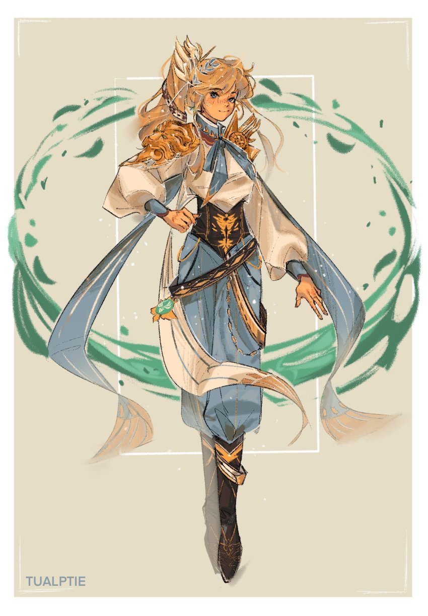 1girl, alternate_costume, black_boots, blonde_hair, blue_eyes, boots, brown_background, clenched_hand