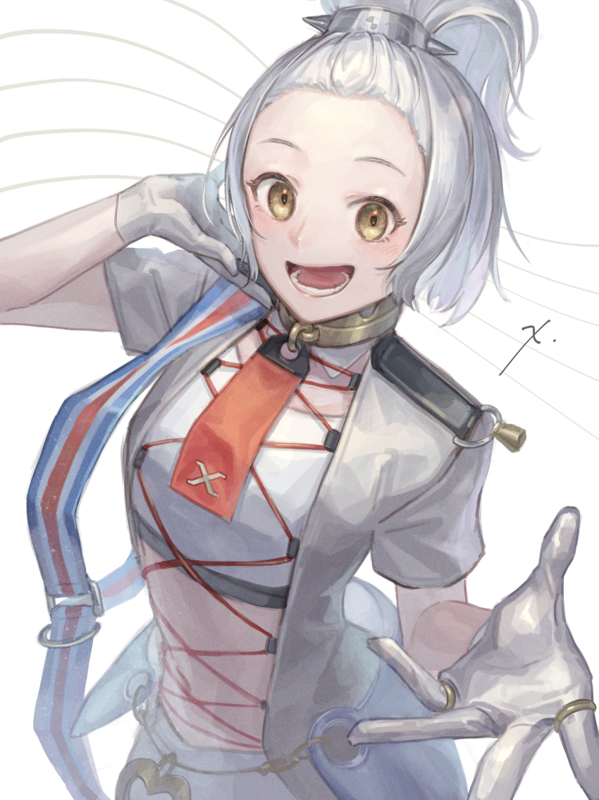 1girl, :d, absurdres, blue_ribbon, blush, breasts, caligula_(game), caligula_(series), caligula_2, crop_top, gloves, heart-shaped_lock, high_ponytail, highres, idol, idol_clothes, jewelry, kanoyuu155, locket, looking_at_viewer, open_mouth, pendant, ponytail, red_ribbon, ribbon, ring, small_breasts, smile, solo, striped_ribbon, white_gloves, white_hair, x_(caligula), yellow_eyes