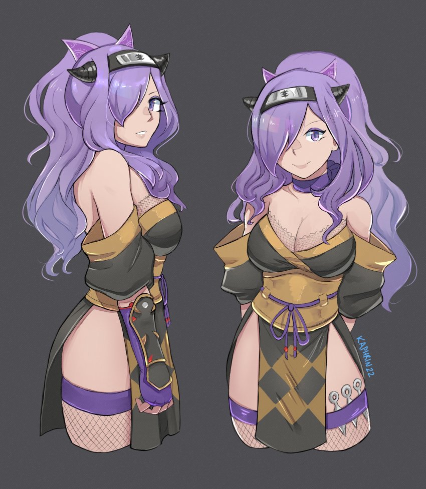 1girl, absurdres, alternate_costume, artist_name, bare_shoulders, breasts, buck_teeth, camilla_(fire_emblem), camilla_(ninja)_(fire_emblem), choker, cleavage, cropped_legs, eyeshadow, female_focus, fingerless_gloves, fire_emblem, fire_emblem_fates, fire_emblem_heroes, fishnet_thighhighs, fishnet_top, fishnets, gloves, hair_over_one_eye, headband, highres, kaphrin, kunai, large_breasts, lips, long_hair, looking_at_viewer, looking_to_the_side, makeup, matching_hair/eyes, multiple_views, ninja, nintendo, official_alternate_costume, pelvic_curtain, ponytail, purple_eyes, purple_eyeshadow, purple_gloves, purple_hair, purple_ribbon, ribbon, ribbon_choker, shuriken, shuriken_hair_ornament, sidelocks, smile, teeth, thighhighs, thighs, wavy_hair, weapon, wrist_guards