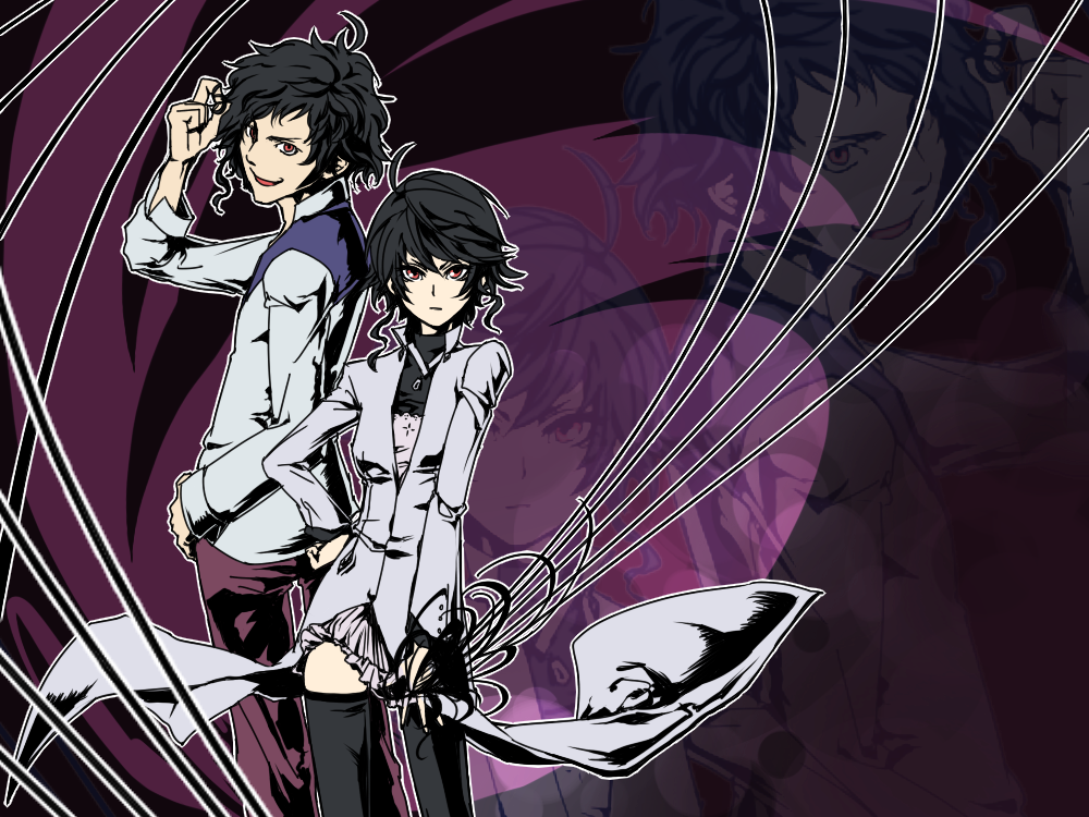 black_hair, brother_and_sister, jita_phrygianos, joshua_phrygianos, red_eyes, seikon_no_qwaser, short_hair, siblings, smile, thighhighs