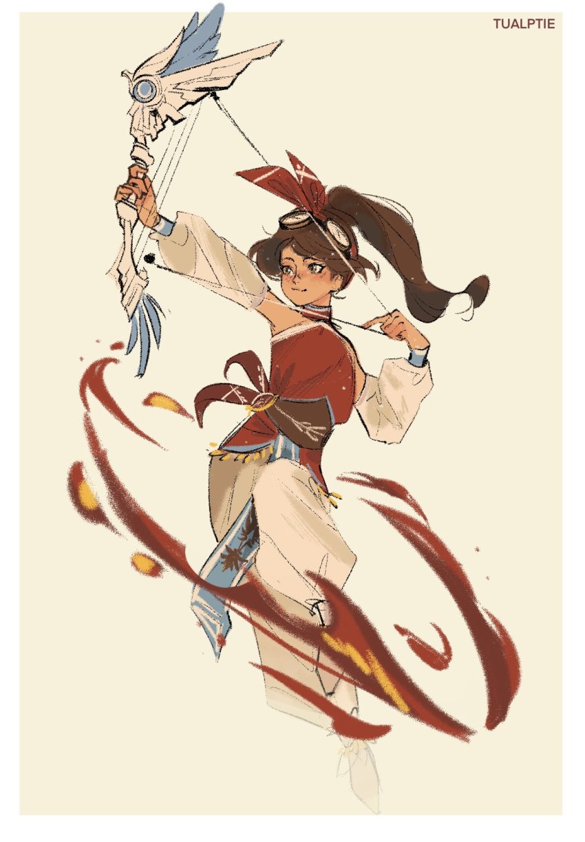 1girl, airborne, alternate_costume, amber_(genshin_impact), arabian_clothes, artist_name, blush, bow_(weapon), brown_background, brown_eyes, brown_hair, detached_sleeves, fire, floating_hair, full_body, genshin_impact, goggles, goggles_on_head, hair_ribbon, halter_shirt, halterneck, harem_pants, highres, holding, holding_bow_(weapon), holding_weapon, long_hair, pants, ponytail, red_ribbon, red_shirt, ribbon, shirt, smile, solo, tualptie, weapon, white_pants