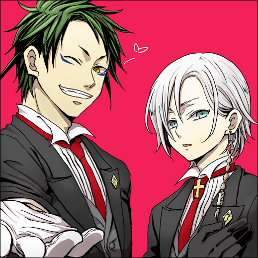 aleksander_nikolaevich_her, butler, fujiomi_taisuku, gloves, green_eyes, necktie, seikon_no_qwaser, smile, white_hair, yellow_eyes