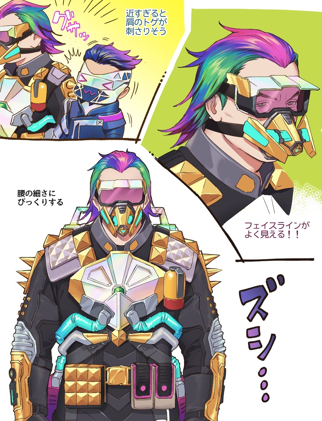 >_<, 2boys, animification, apex_legends, apex_legends_mobile, black_bodysuit, black_hair, black_jacket, bodysuit, cable, caustic_(apex_legends), gas_mask, goggles, gradient_hair, green_hair, hair_behind_ear, hair_slicked_back, harmful_harmonics_caustic, highres, jacket, jbo, laser_tag_octane, male_focus, mask, mouth_mask, multicolored_hair, multiple_boys, multiple_views, octane_(apex_legends), official_alternate_costume, pink_hair, purple_hair, streaked_hair, translation_request, upper_body, v-shaped_eyebrows