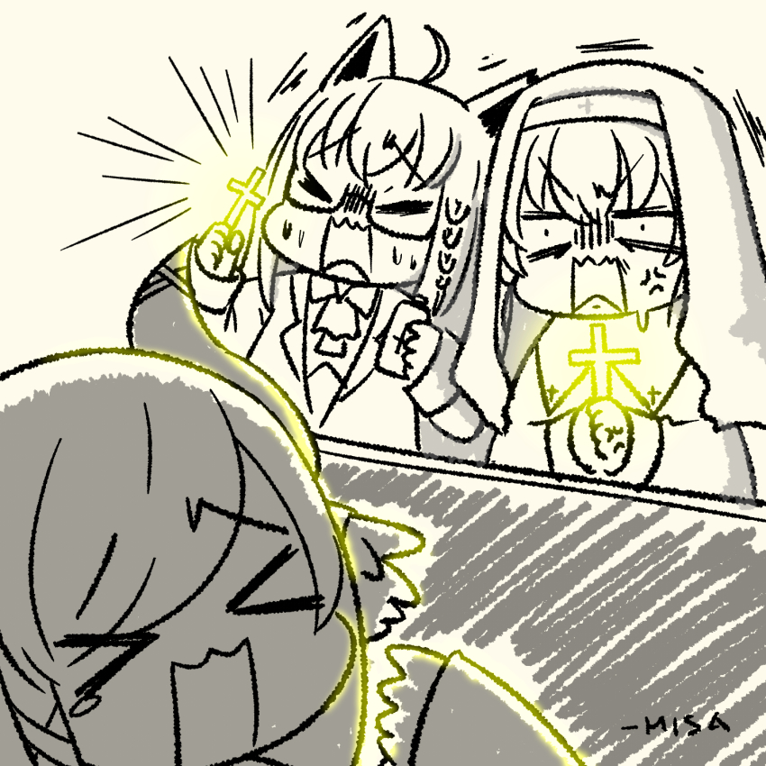 >_<, 3girls, alternate_costume, anger_vein, animal_ears, artist_name, closed_eyes, commentary_request