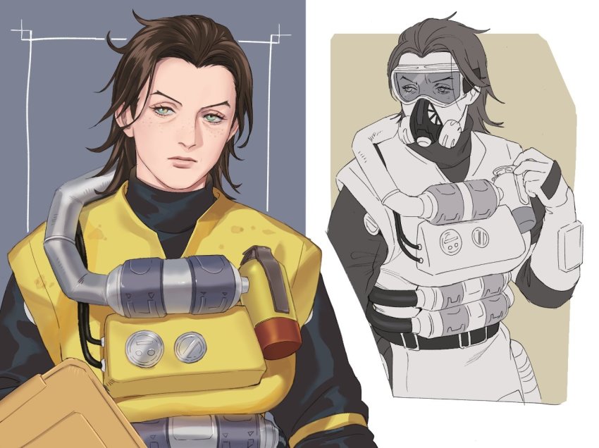 1girl, animification, apex_legends, brown_hair, caustic_(apex_legends), clipboard, freckles, gas_mask, genderswap, genderswap_(mtf), gloves, goggles, green_eyes, hazmat_suit, head_tilt, jbo, looking_to_the_side, mask, mature_female, medium_hair, multiple_views, parted_hair, upper_body