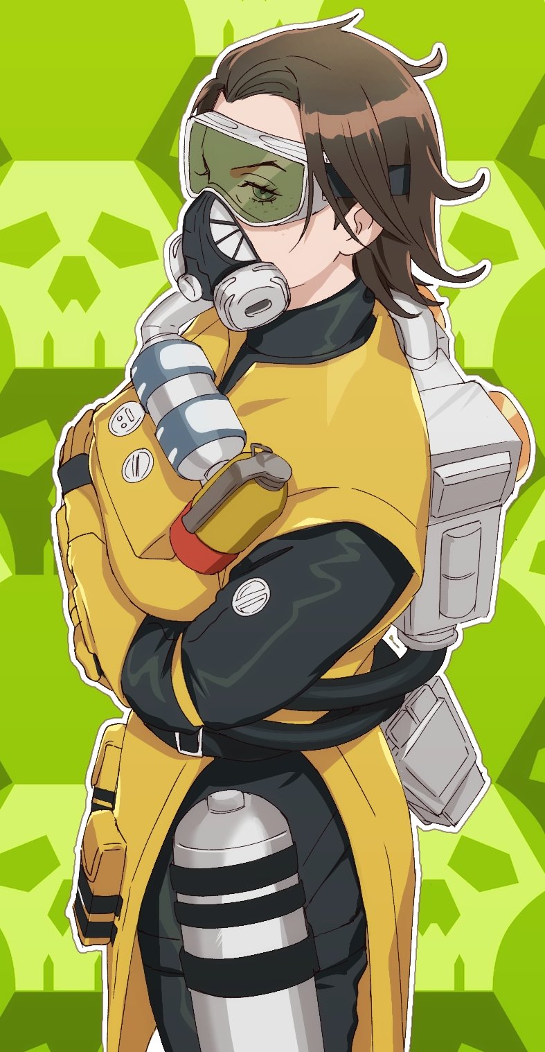 1girl, animification, apex_legends, black_bodysuit, bodysuit, breasts, brown_hair, canister, caustic_(apex_legends), crossed_arms, freckles, from_side, gas_mask, genderswap, genderswap_(mtf), gloves, goggles, green_eyes, hazmat_suit, highres, jbo, mask, medium_breasts, medium_hair, solo, yellow_gloves