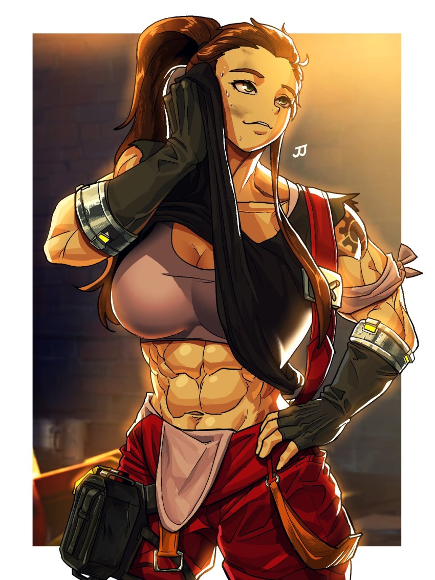1girl, abs, animification, arm_tattoo, breasts, brigitte_(overwatch), brown_hair, gloves