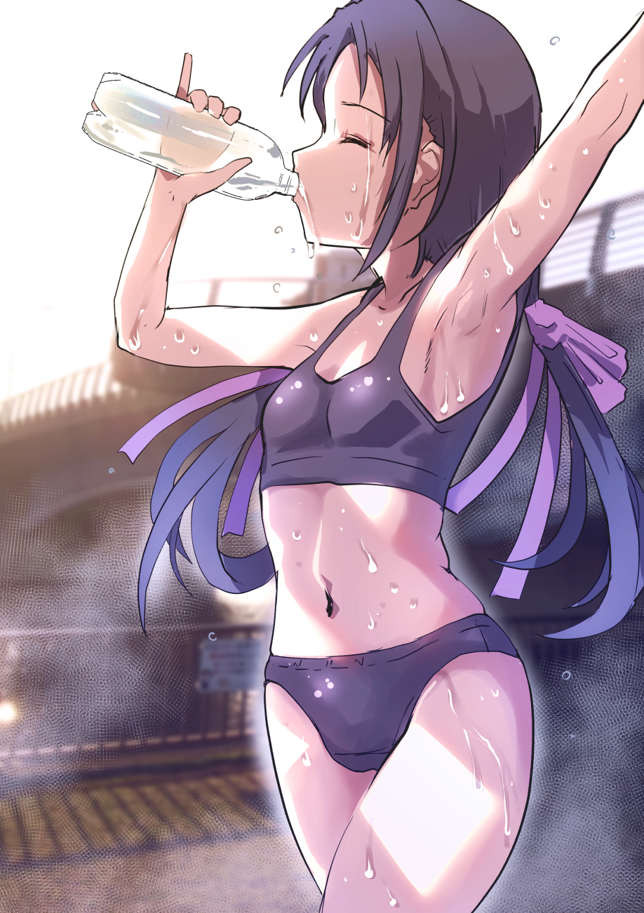 1girl, armpits, axley, black_bra, black_buruma, blue_hair, blurry, blurry_background