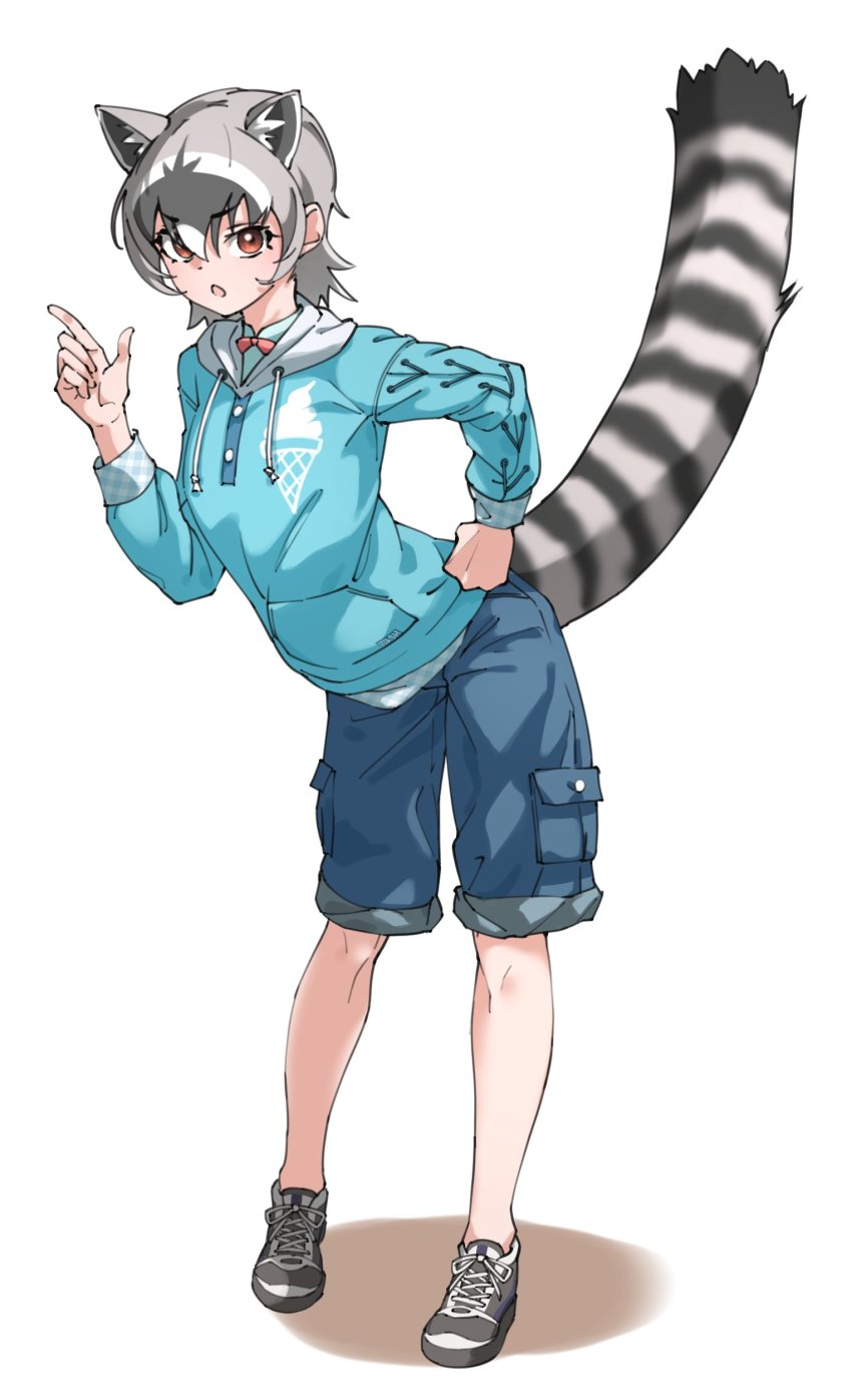 1girl, absurdres, animal_ears, blue_hoodie, blue_shirt, bow, bowtie, casual, commentary, crab-eating_raccoon_(kemono_friends), denim, denim_shorts, extra_ears, finger_gun, full_body, grey_hair, grey_shoes, hair_between_eyes, highres, hood, hood_down, hoodie, kemono_friends, long_sleeves, looking_at_viewer, multicolored_hair, orange_bow, orange_bowtie, orange_eyes, plaid_trim, raccoon_ears, raccoon_girl, raccoon_tail, shirt, shoes, short_hair, shorts, sidelocks, sneakers, solo, tail, tanabe_(fueisei), white_hair