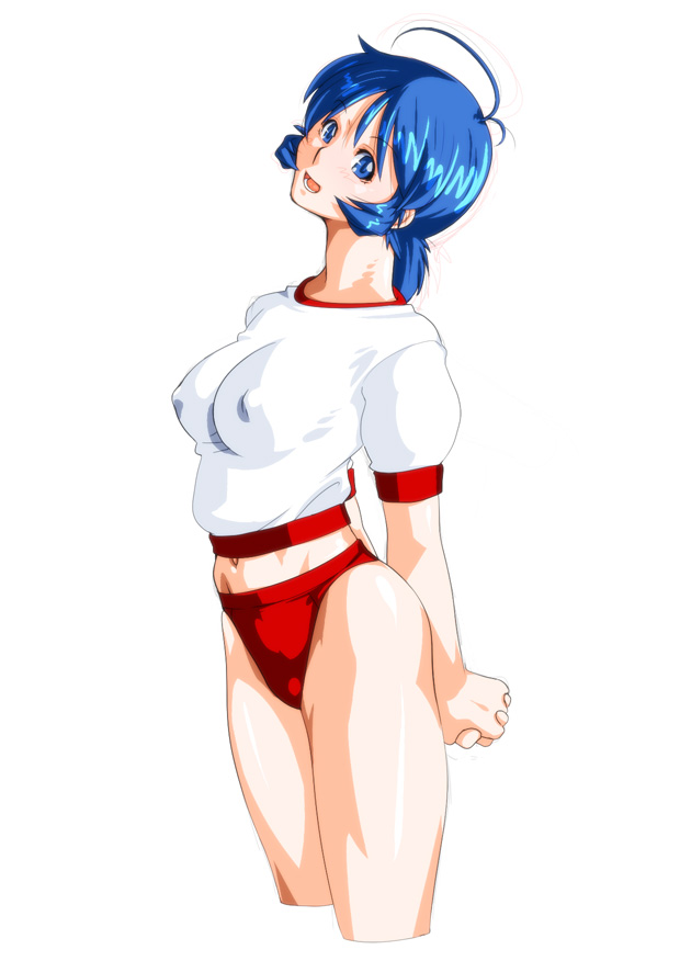 1girl, ahoge, arms_behind_back, blue_eyes, blue_hair, buruma, covered_erect_nipples, cropped_legs