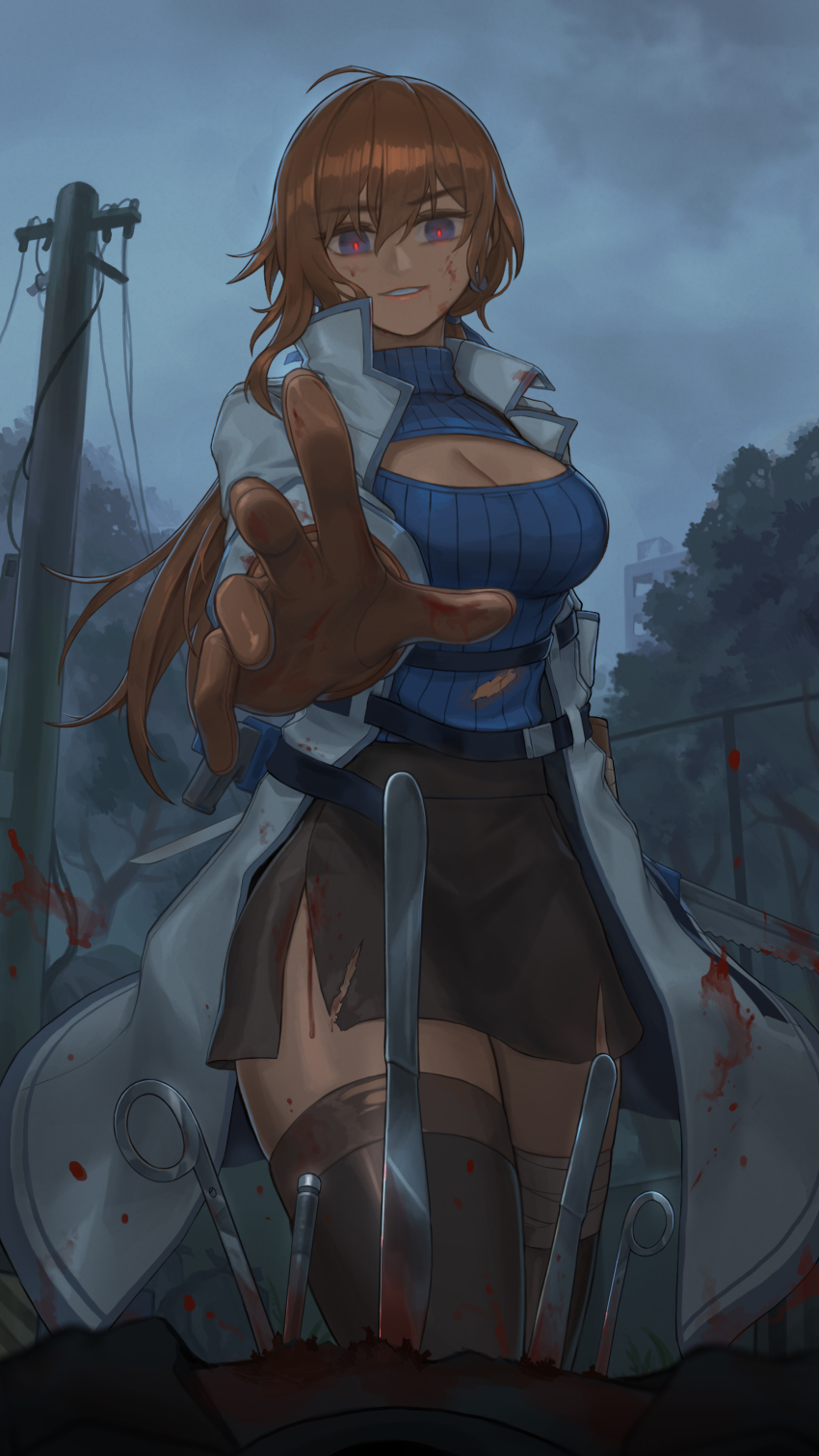 1girl, absurdres, bandaged_leg, bandages, belt, black_survival, blood, blood_on_clothes