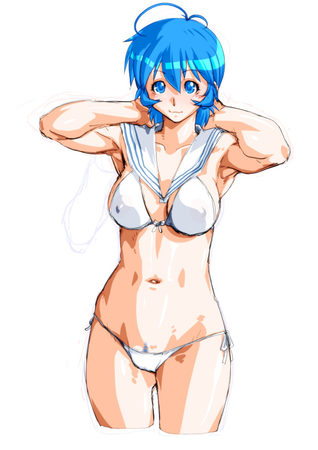 1girl, ahoge, armpits, arms_behind_head, arms_up, bikini, blue_eyes, blue_hair