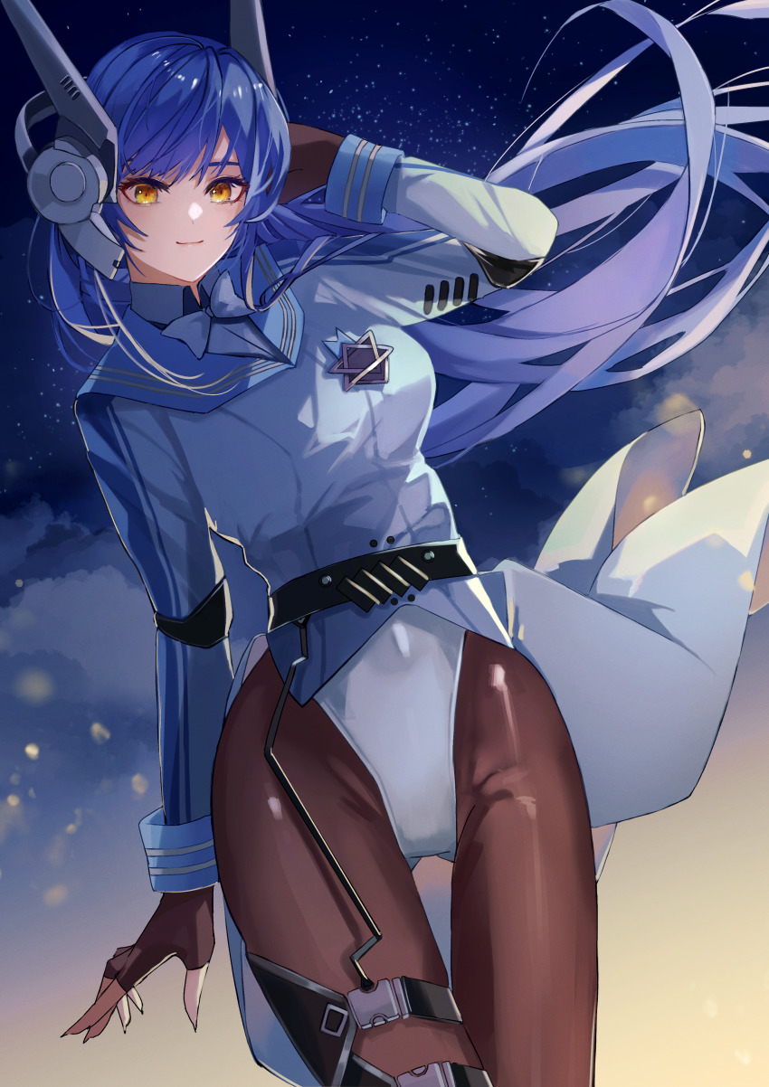 1girl, absurdres, arm_behind_head, black_gloves, black_pantyhose, blue_bow, blue_bowtie, blue_hair