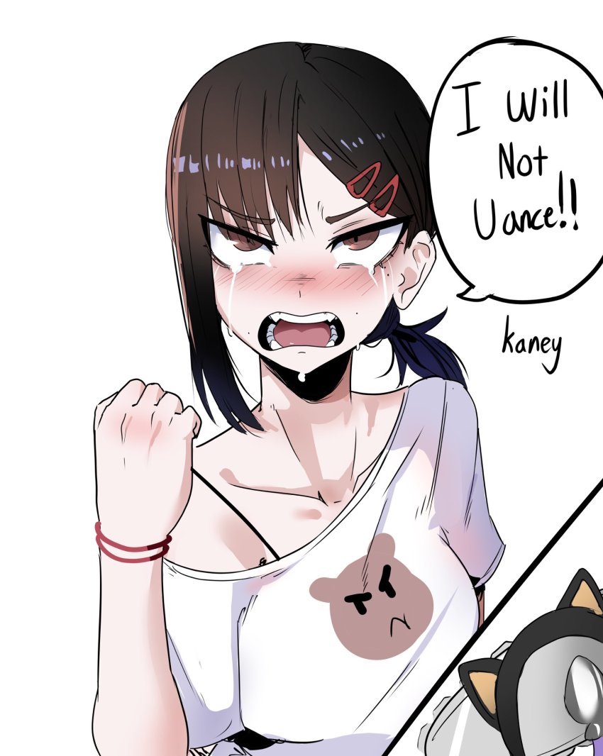 1girl, artist_name, black_hair, blush, bracelet, brown_eyes, chainsaw_man, clenched_hand, collarbone, commentary, crying, crying_with_eyes_open, english_commentary, english_text, hair_ornament, hairpin, higashiyama_kobeni, highres, jewelry, kaneyarts, open_mouth, ponytail, shirt, short_sleeves, simple_background, solo, t-shirt, tears, white_background, white_shirt