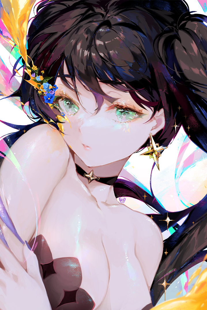 1girl, bare_shoulders, black_choker, black_hair, blue_flower, breasts, choker, cleavage, collarbone, dutch_angle, earrings, flower, genshin_impact, green_eyes, hair_between_eyes, hyatsu, jewelry, large_breasts, long_hair, mona_(genshin_impact), off_shoulder, parted_lips, pendant_choker, sidelocks, solo, sparkle, sparkle_print, star_(symbol), star_choker, star_earrings, twintails, upper_body