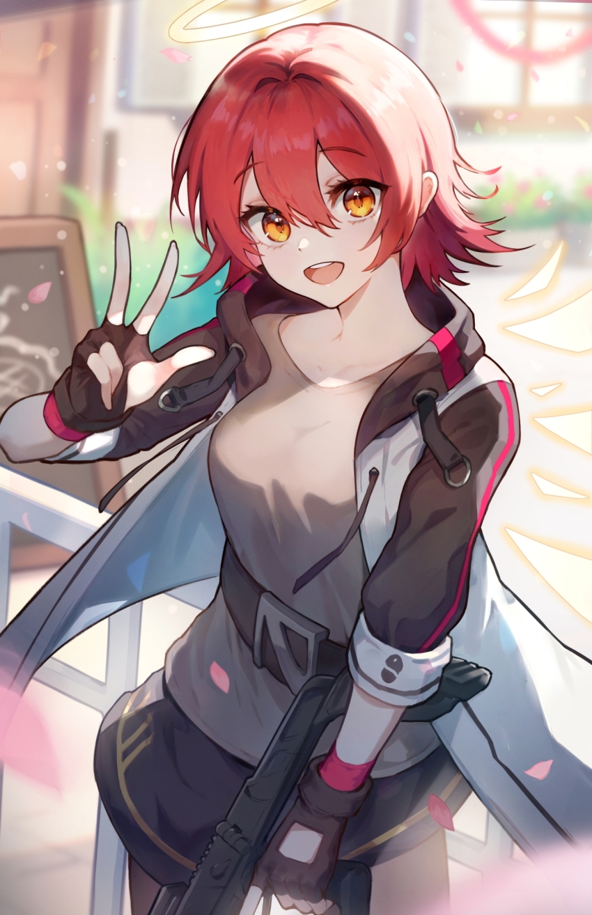 1girl, :d, arknights, black_gloves, blurry, blurry_background, exusiai_(arknights), fingerless_gloves