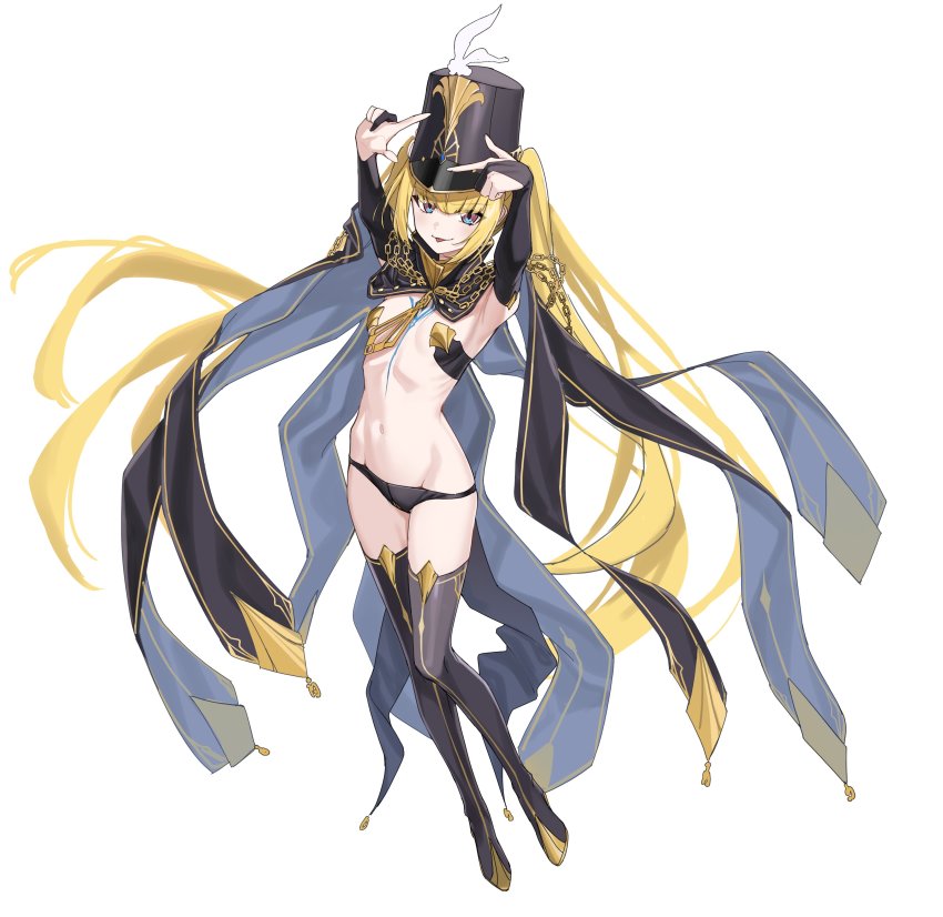 1girl, absurdres, armpits, arms_up, bikini, bikini_bottom_only, black_bikini, black_boots, black_hat, black_thighhighs, blonde_hair, blue_eyes, boots, bridal_gauntlets, cape, character_request, check_copyright, closed_mouth, controlline3, copyright_request, counter:side, finger_frame, flat_chest, floating_hair, full_body, hair_spread_out, hat, highres, long_hair, looking_at_viewer, luna_(counter:side), navel, revealing_clothes, simple_background, smile, solo, stomach, swimsuit, thighhighs, thighs, tongue, tongue_out, twintails, v-shaped_eyebrows, very_long_hair, white_background