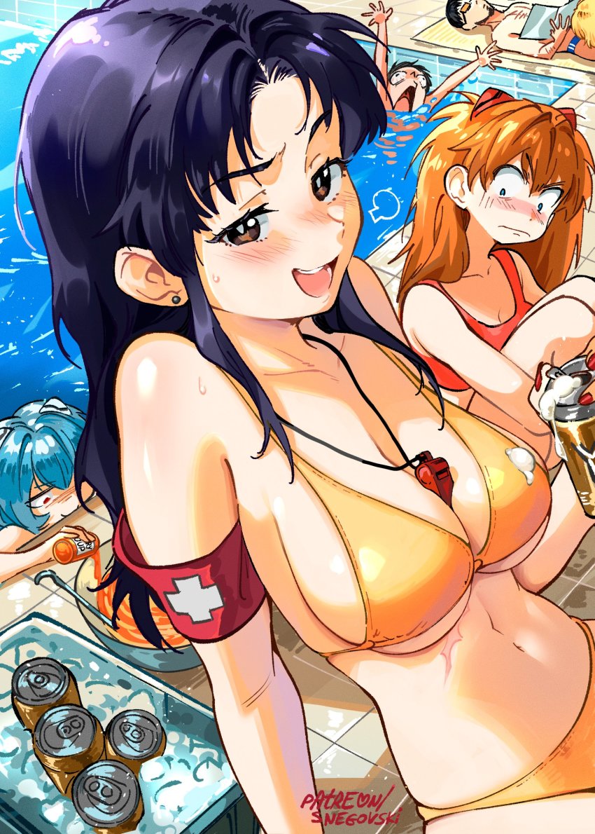 2boys, 4girls, absurdres, akagi_ritsuko, arm_support, armband, asphyxiation, ayanami_rei, beard, beer_can, bikini, blue_eyes, blue_hair, blush, breast_envy, breasts, can, cleavage, closed_mouth, drink_can, drowning, drunk, earrings, facial_hair, glasses, highres, ice, ikari_gendou, ikari_shinji, implied_fellatio, jewelry, katsuragi_misato, large_breasts, lifeguard, looking_at_viewer, medium_breasts, multiple_boys, multiple_girls, navel, neon_genesis_evangelion, open_mouth, orange_hair, pool, purple_hair, red_bikini, scar, shiny_skin, snegovski, souryuu_asuka_langley, swimsuit, teeth, two-tone_armband, two_side_up, water, when_you_see_it, wide_hips, yellow_bikini