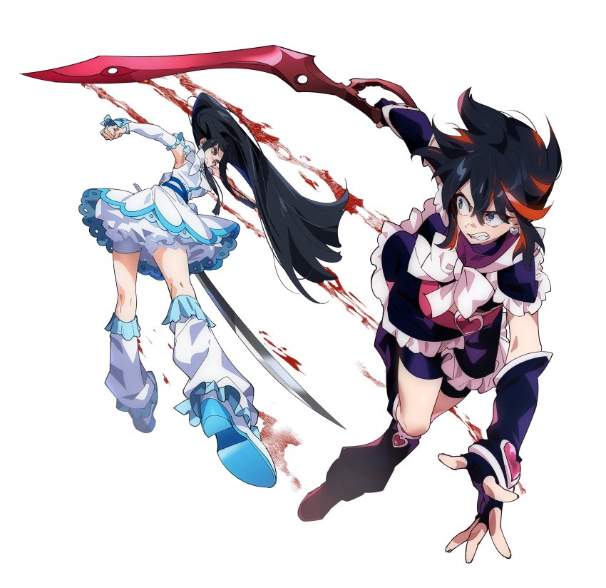 2girls, absurdres, arm_warmers, bike_shorts, bike_shorts_under_skirt, black_gloves, black_hair, black_shirt