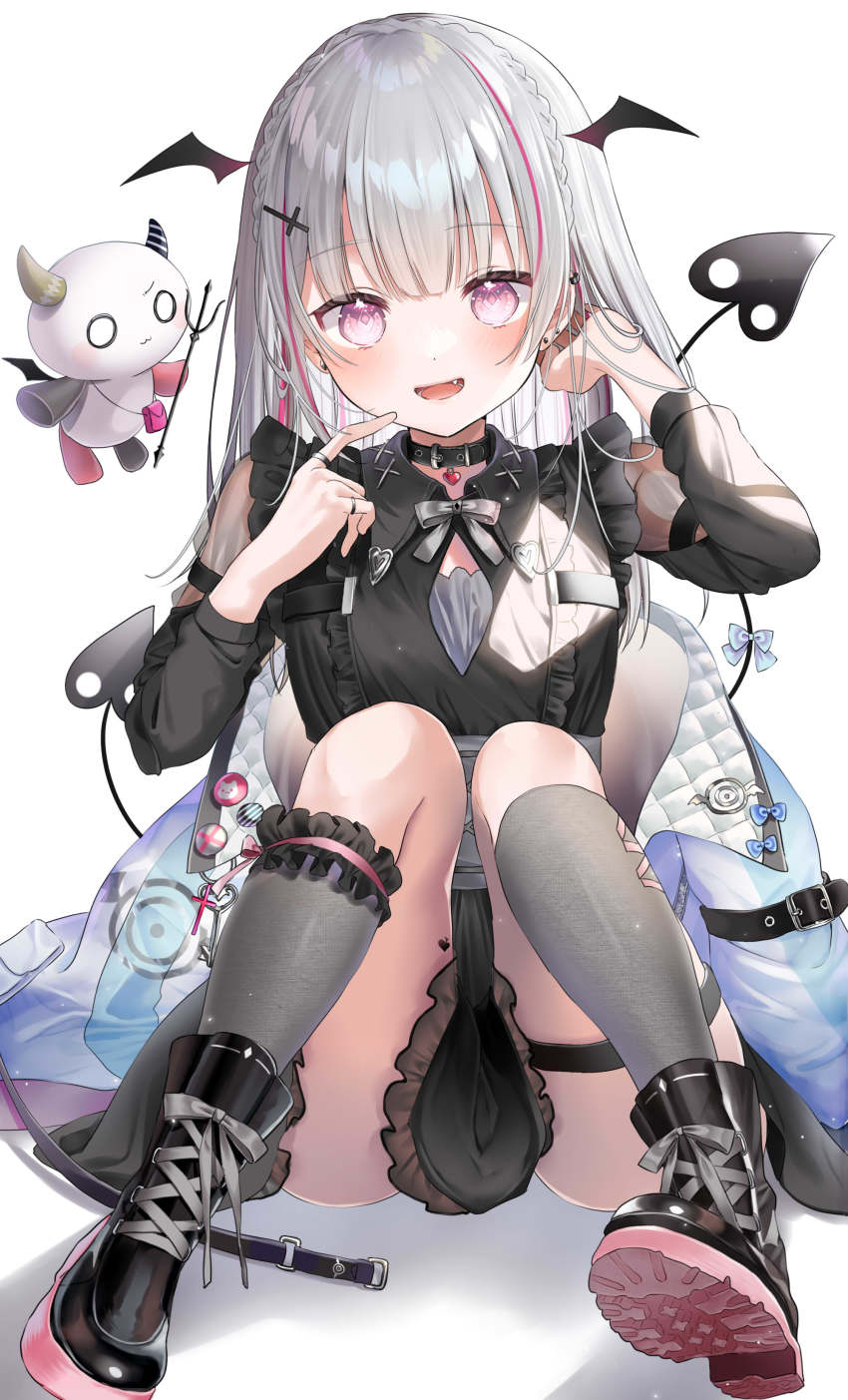 1girl, 1other, absurdres, arm_behind_head, arm_strap, asumi_sena, asumi_sena_(3rd_costume), black_boots, black_choker, black_dress, black_ribbon, black_scrunchie, black_straps, blue_bow, blue_jacket, blunt_bangs, boots, bow, bowtie, braid, choker, clothes_between_thighs, collared_shirt, commentary_request, convenient_censoring, crown_braid, demon_tail, dress, ear_piercing, fang, finger_to_cheek, frilled_dress, frilled_thigh_strap, frills, grey_bow, grey_bowtie, grey_hair, grey_socks, hair_ornament, hairclip, hand_on_own_ear, head_tilt, highres, jacket, jewelry, kneehighs, knees_up, light_blush, long_hair, long_sleeves, looking_at_viewer, multicolored_hair, multiple_bows, multiple_rings, neck_ribbon, open_mouth, parted_bangs, piercing, pink_eyes, pink_hair, pome_charo, ribbon, ring, scrunchie, see-through_clothes, see-through_sleeves, shirt, simple_background, sitting, smile, socks, solo, strap, streaked_hair, tail, thigh_strap, twintails, virtual_youtuber, vspo!, white_background, white_jacket