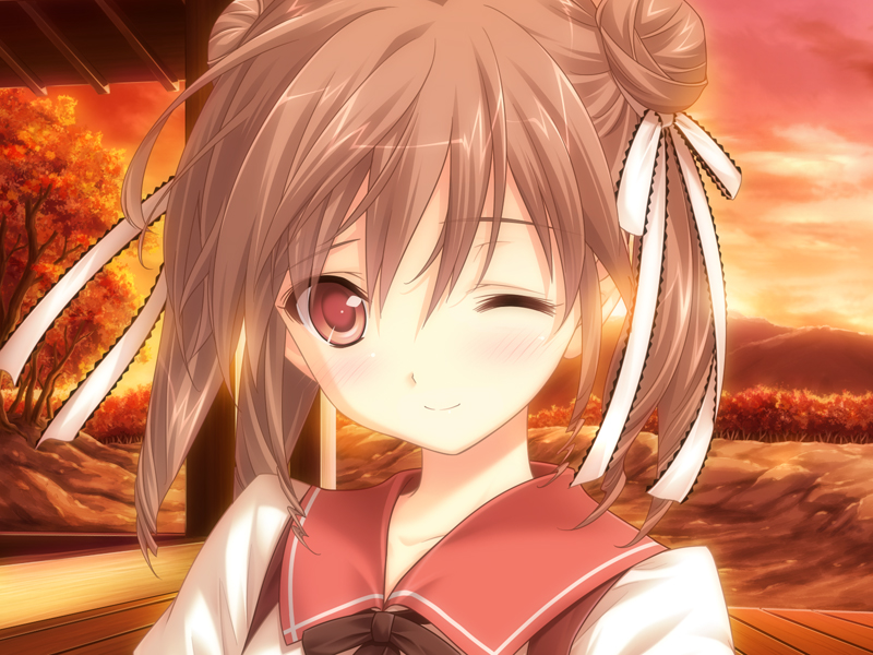 1girl, black_bow, black_bowtie, blush, bowtie, brown_eyes, brown_hair, cloud, double_bun, flat_chest, game_cg, hair_bun, hair_ribbon, kitto_sumiwataru_asairo_yori_mo, looking_at_viewer, one_eye_closed, orange_sky, propeller_(company), ribbon, school_uniform, shirt, short_hair, sky, smile, tree, twintails, upper_body, white_ribbon, white_shirt, wink, yasuyuki, yumeno_araragi