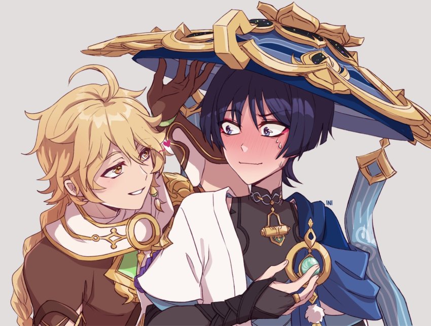 2boys, aether_(genshin_impact), ahoge, arm_armor, arm_up, artist_name, bare_shoulders, black_shirt, blonde_hair, blue_gem, blue_headwear, blunt_ends, blush, braid, brown_gloves, brown_shirt, closed_mouth, commentary, earrings, english_commentary, fingernails, gem, genshin_impact, gloves, gold, grey_background, hair_between_eyes, hand_on_another's_headwear, hand_up, hat, heart, inimoose, jewelry, jingasa, leaf, long_hair, looking_at_another, mandarin_collar, multiple_boys, necklace, nervous, official_alternate_costume, open_clothes, open_vest, pom_pom_(clothes), purple_eyes, purple_hair, ring, scaramouche_(genshin_impact), scarf, shirt, short_hair, short_sleeves, simple_background, single_earring, sleeveless, sleeveless_shirt, standing, sweat, sweatdrop, teeth, two-tone_vest, vest, wanderer_(genshin_impact), white_scarf, white_vest, yaoi, yellow_eyes