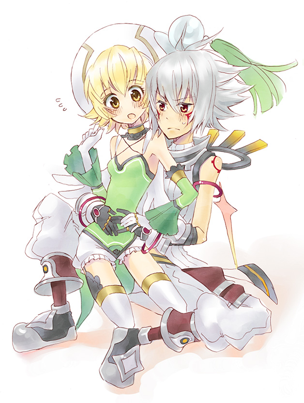 .hack//, .hack//g.u., 00s, 1boy, 1girl, atoli, bandai, blonde_hair, choker, couple, cyber_connect_2, detached_sleeves, gloves, grey_hair, haseo, hat, iwaohime, red_eyes, short_hair, sitting, sleeveless, sleeveless_turtleneck, thighhighs, turtleneck, yellow_eyes