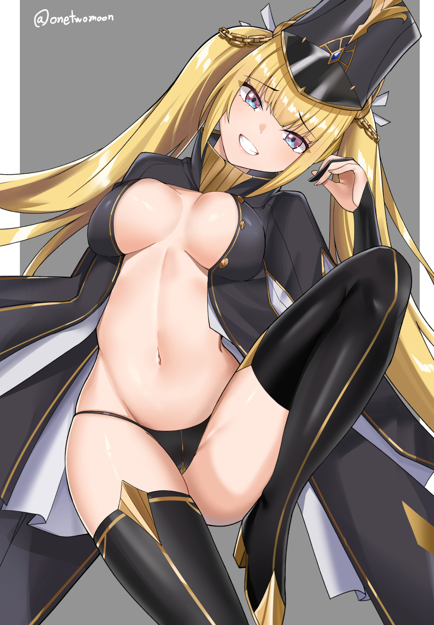1girl, absurdres, bad_id, bad_pixiv_id, black_boots, black_panties, blonde_hair, blunt_bangs, boots, breasts, counter:side, groin, hat, highres, large_breasts, long_hair, looking_at_viewer, luna_(counter:side), navel, panties, solo, teeth, thighhighs, twintails, twitter_username, twomoon, underwear