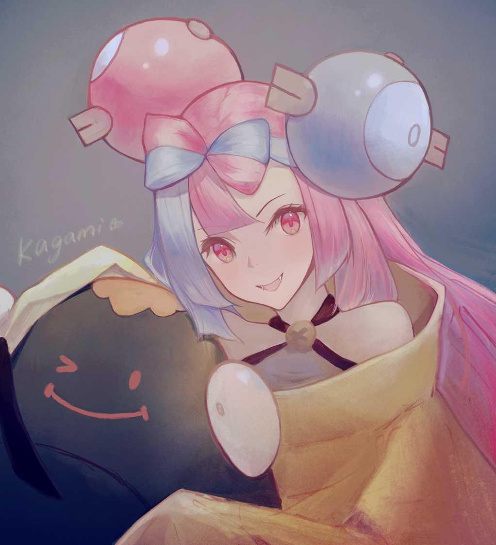 >_o, 1girl, :d, alternate_color, alternate_shiny_pokemon, bare_shoulders, bellibolt, blue_hair