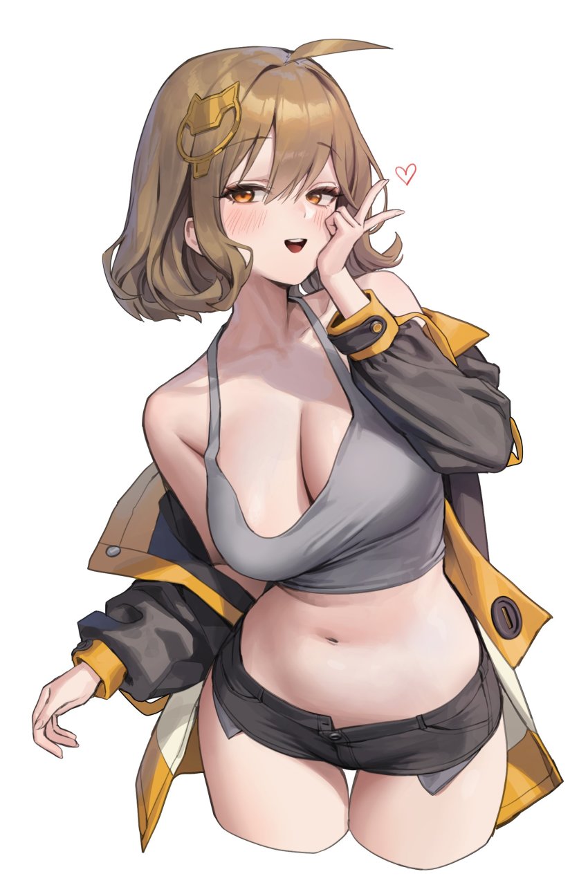 1girl, absurdres, ahoge, anis_(nikke), bare_shoulders, black_jacket, black_shorts, breasts, brown_eyes, brown_hair, cleavage, cropped_legs, goddess_of_victory:_nikke, grey_tank_top, hair_ornament, hairclip, half-closed_eyes, heart, highres, jacket, large_breasts, looking_at_viewer, midriff, navel, open_mouth, short_hair, short_shorts, shorts, smile, solo, standing, tank_top, v, xi_xeong
