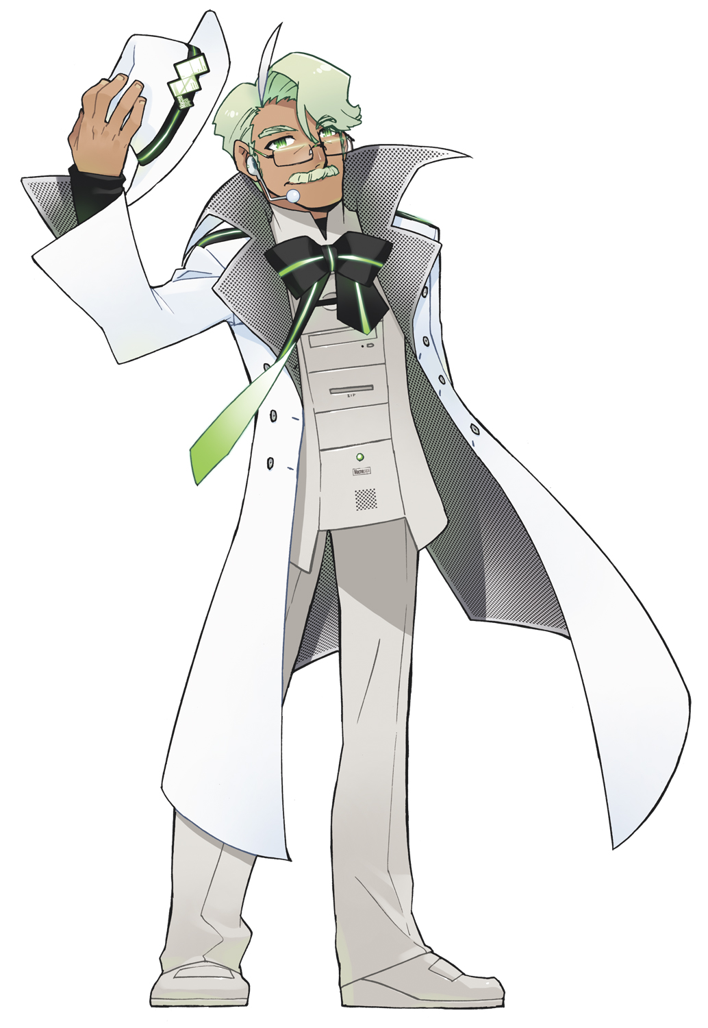 1boy, ahoge, akatsuki_gomoku, bow, buttons, colonel_sanders, dark-skinned_male, dark_skin, eyebrows, facial_hair, fedora, flipped_hair, full_body, glasses, green_eyes, green_facial_hair, green_hair, hat, headset, highres, long_coat, macne_papa, macne_series, male_focus, matching_hair/eyes, microphone, mustache, necktie, missing_headwear, old, old_man, pants, shoes, short_hair, simple_background, solo, unworn_hat, unworn_headwear, white_background