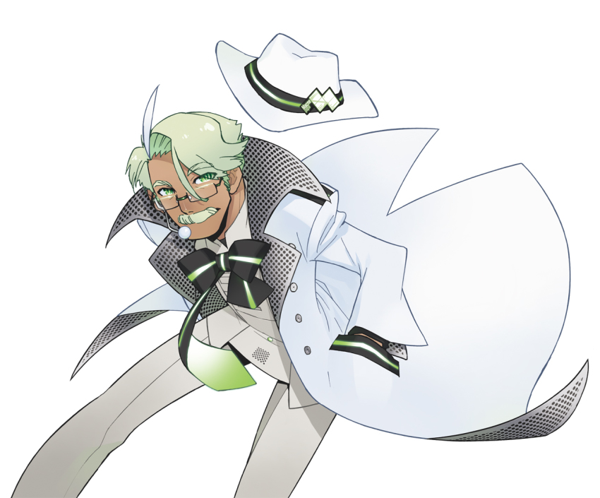 1boy, ahoge, akatsuki_gomoku, bow, bowtie, buttons, dark-skinned_male, dark_skin, eyebrows, facial_hair, fedora, flipped_hair, glasses, green_eyes, green_facial_hair, green_hair, hands_in_pockets, hat, headset, long_coat, macne_papa, macne_series, male_focus, matching_hair/eyes, microphone, mustache, necktie, missing_headwear, old, old_man, short_hair, solo, unworn_hat, unworn_headwear