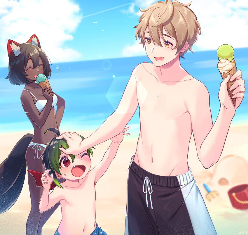 1girl, 2boys, absurdres, animal_ear_fluff, animal_ears, beach, bikini, black_hair