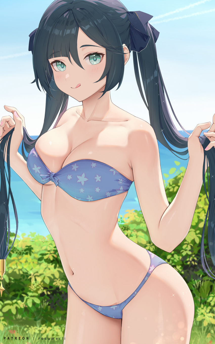1girl, :q, absurdres, alternate_costume, bare_arms, bare_shoulders, bikini, black_hair, black_ribbon, blue_bikini, blue_sky, breasts, cleavage, collarbone, commentary_request, cowboy_shot, day, front-tie_top, genshin_impact, grass, green_eyes, hair_between_eyes, hair_ribbon, highres, holding, holding_own_hair, large_breasts, long_hair, looking_at_viewer, mona_(genshin_impact), navel, outdoors, paid_reward_available, patreon_username, print_bikini, ribbon, rosumerii, sidelocks, sky, solo, star_(symbol), star_print, star_print_bikini, stomach, strapless, strapless_bikini, swept_bangs, swimsuit, thighs, tongue, tongue_out, twintails, water