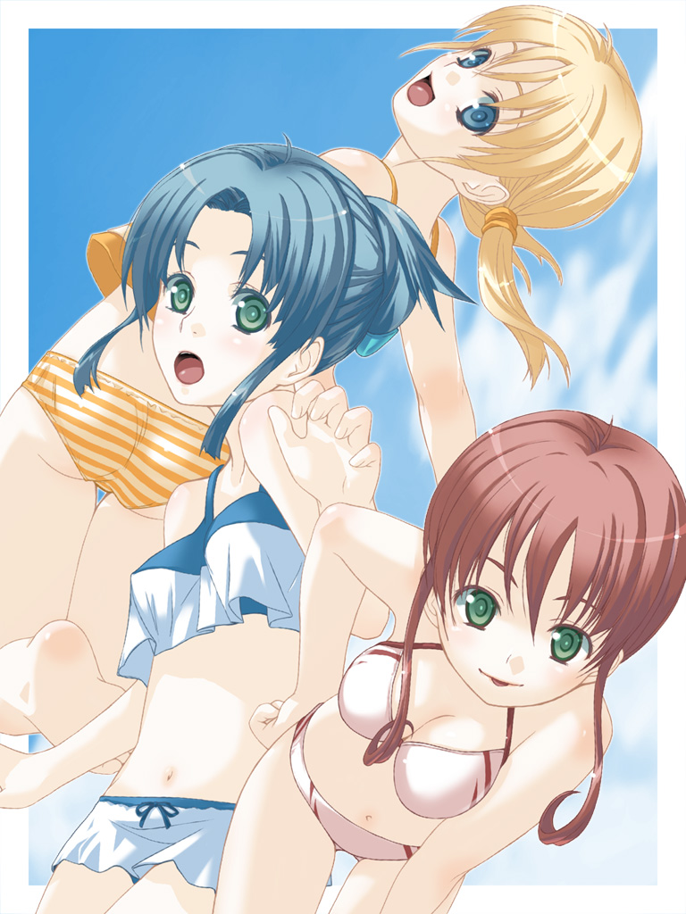 1cm, 3girls, barefoot, bikini, blonde_hair, blue_eyes, blue_hair, flat_chest