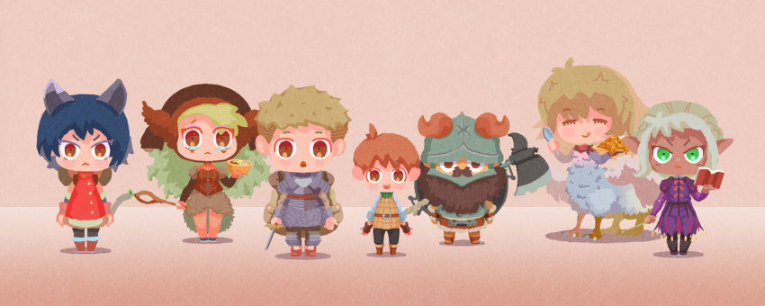 animal_ears, armor, axe, beard, black_hair, blonde_hair, book, brown_hair, cat_ears, cat_tail, chibi, chilchuck_tims, chimera, closed_eyes, curry, dark_elf, dungeon_meshi, dwarf, elf, facial_hair, fake_horns, falin_touden, falin_touden_(chimera), food, halfling, helmet, horned_helmet, horns, izutsumi, laios_touden, looking_at_viewer, marcille_donato, pointy_ears, senshi_(dungeon_meshi), smile, spoon, staff, sword, tail, tearing_up, thistle_(dungeon_meshi), wand, weapon, white_hair, wotabe