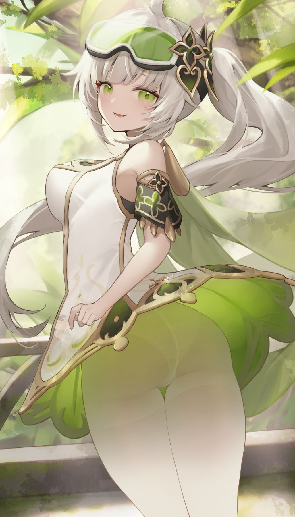 1girl, alternate_breast_size_(larger), ass, bare_shoulders, breasts, clothes_lift, commission, cosplay, cowboy_shot, detached_sleeves, dress, dress_lift, eyewear_on_head, floating_hair, from_behind, genshin_impact, goggles, goggles_on_head, gold_trim, green-tinted_eyewear, green_eyes, hair_ornament, highres, indie_virtual_youtuber, kotoha_rimu, large_breasts, long_hair, looking_at_viewer, looking_back, metatarou, nahida_(genshin_impact), nahida_(genshin_impact)_(cosplay), panties, panties_under_pantyhose, pantyhose, parted_lips, short_dress, short_sleeves, side_ponytail, sidelocks, skeb_commission, sleeveless, sleeveless_dress, smile, solo, thighband_pantyhose, thighs, tinted_eyewear, tree, underwear, virtual_youtuber, white_dress, white_hair, white_pantyhose