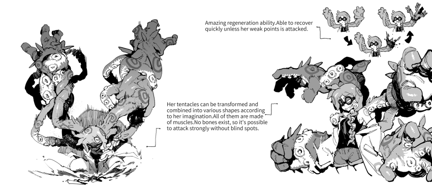 1girl, arrow_(symbol), braid, reference_sheet, english_text, evil_smile, extra_arms, extra_eyes