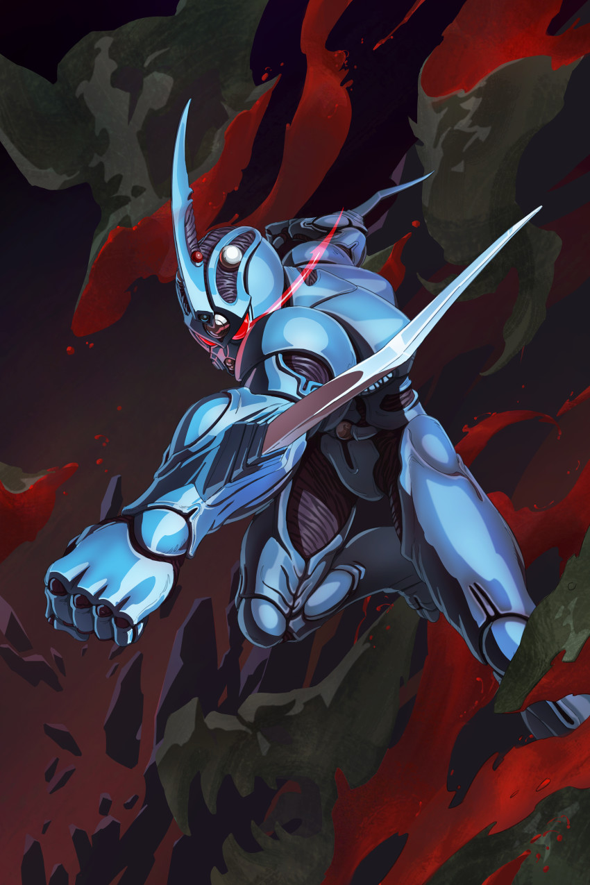 1boy, absurdres, arm_blade, armor, artofwill, battle, clenched_hand, eye_trail