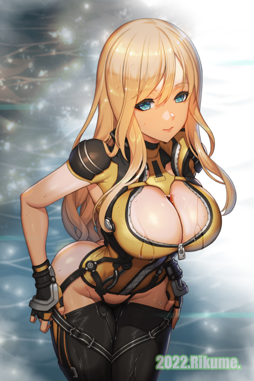 1girl, belt, blonde_hair, blue_eyes, breasts, buckle, cleavage, cleavage_cutout, clothing_cutout, elena_(star_ocean), fingerless_gloves, full_body, gloves, gluteal_fold, highres, large_breasts, long_hair, looking_at_viewer, pantaboots, pants, partially_unzipped, rikume, shirt, skin_tight, sleeveless, sleeveless_shirt, solo, star_ocean, star_ocean:_the_divine_force, thighs, undressing, water, wet, yellow_gloves, yellow_shirt, zipper