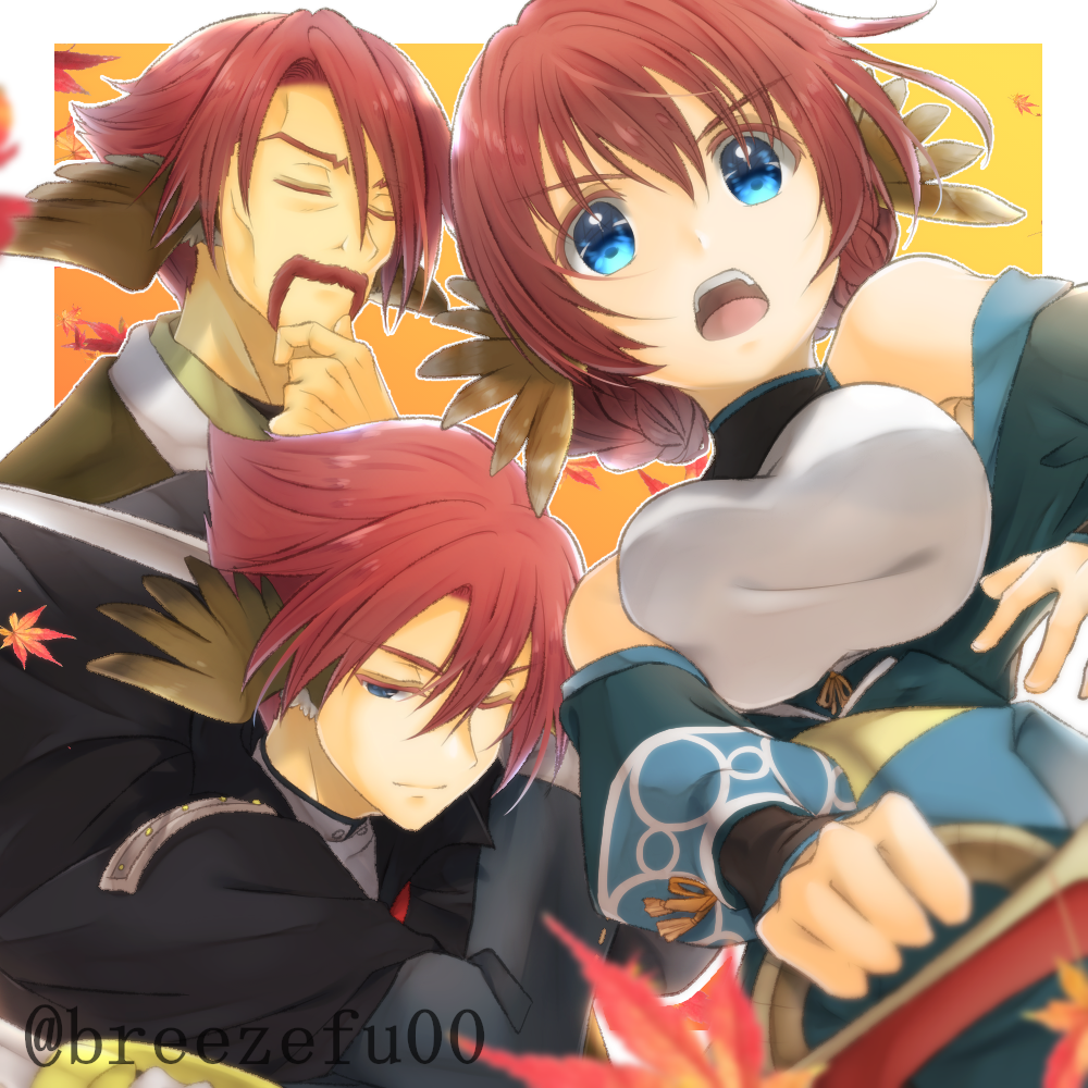 1girl, 2boys, age_difference, ainu_clothes, animal_ears, aquaplus, bare_shoulders, blue_eyes