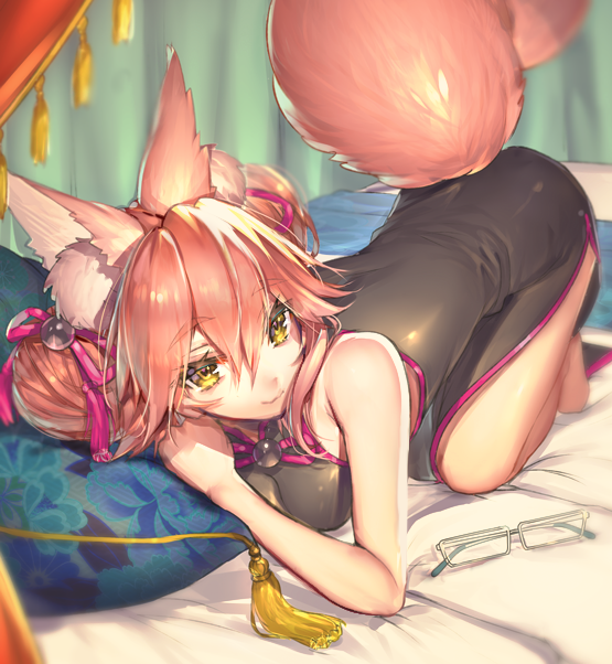 1girl, animal_ear_fluff, animal_ears, bad_id, bad_twitter_id, bare_shoulders, bed, black_dress