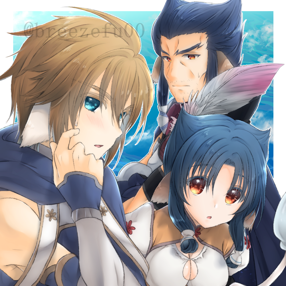 1girl, 2boys, age_difference, ainu_clothes, animal_ears, aquaplus, arm_up, atuy