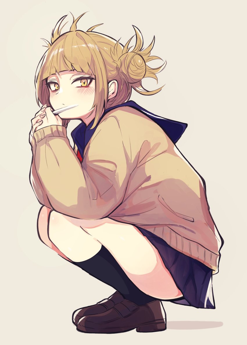 1girl, absurdres, aitekku, bags_under_eyes, blonde_hair, blue_sailor_collar, blue_skirt, blunt_bangs, blush, boku_no_hero_academia, brown_shoes, cardigan, closed_mouth, commentary_request, double_bun, eyeliner, hair_bun, highres, holding, holding_knife, kneehighs, knife, loafers, makeup, messy_hair, narrowed_eyes, neckerchief, pleated_skirt, red_neckerchief, sailor_collar, school_uniform, serafuku, shoes, sidelocks, simple_background, skirt, slit_pupils, socks, solo, squatting, toga_himiko, white_background, yellow_cardigan, yellow_eyes